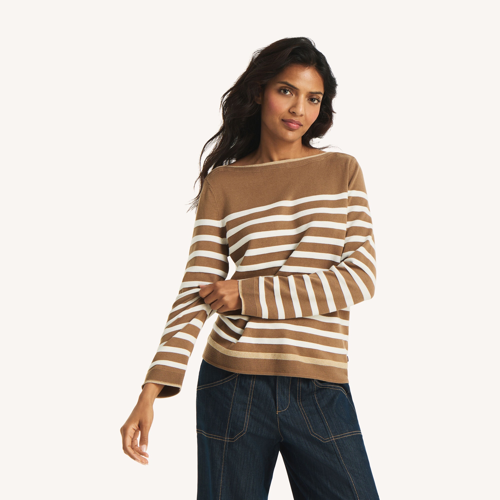 Striped Boatneck Sweater,Sable Heather,large