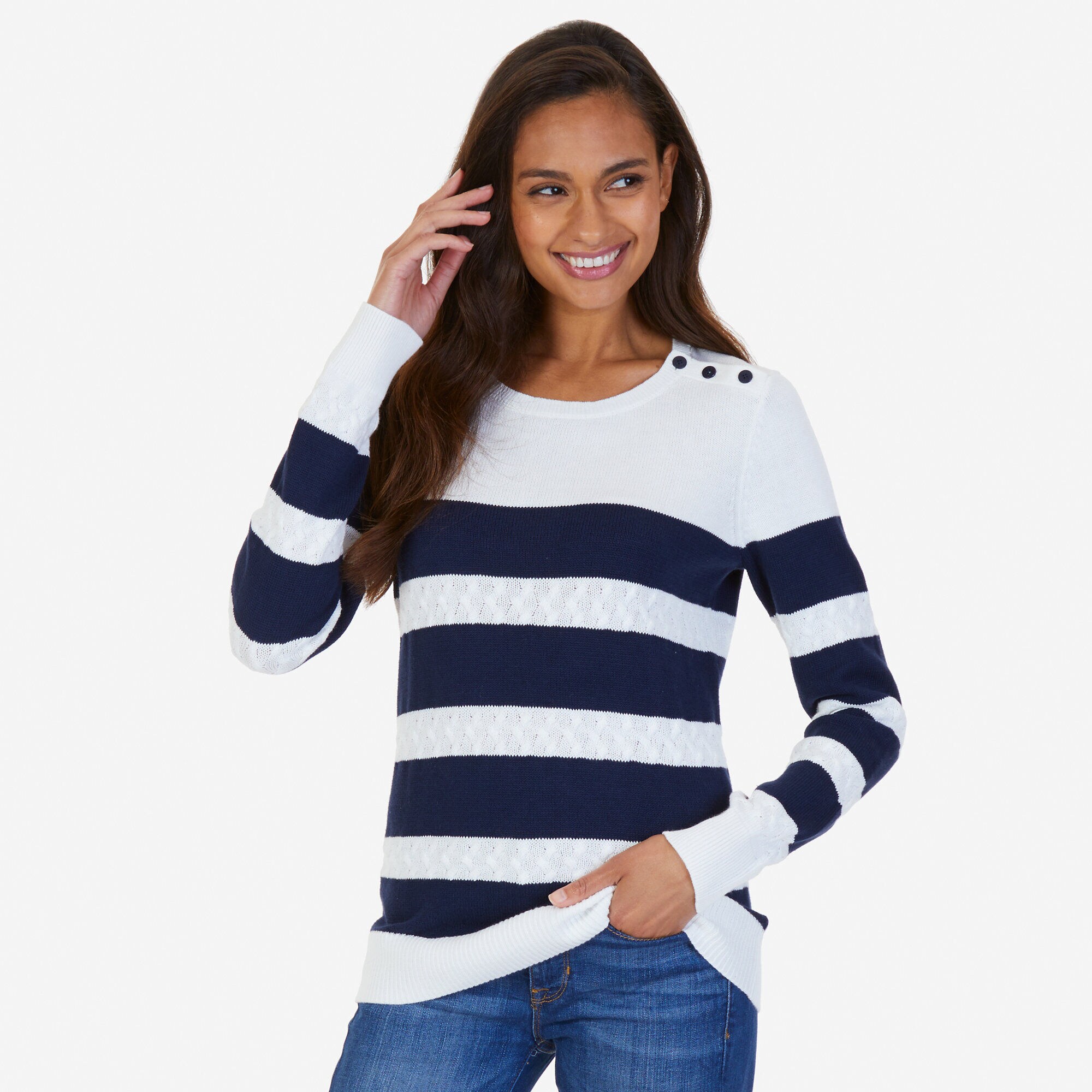 Cable Knit Striped Sweater,Marshmallow,large