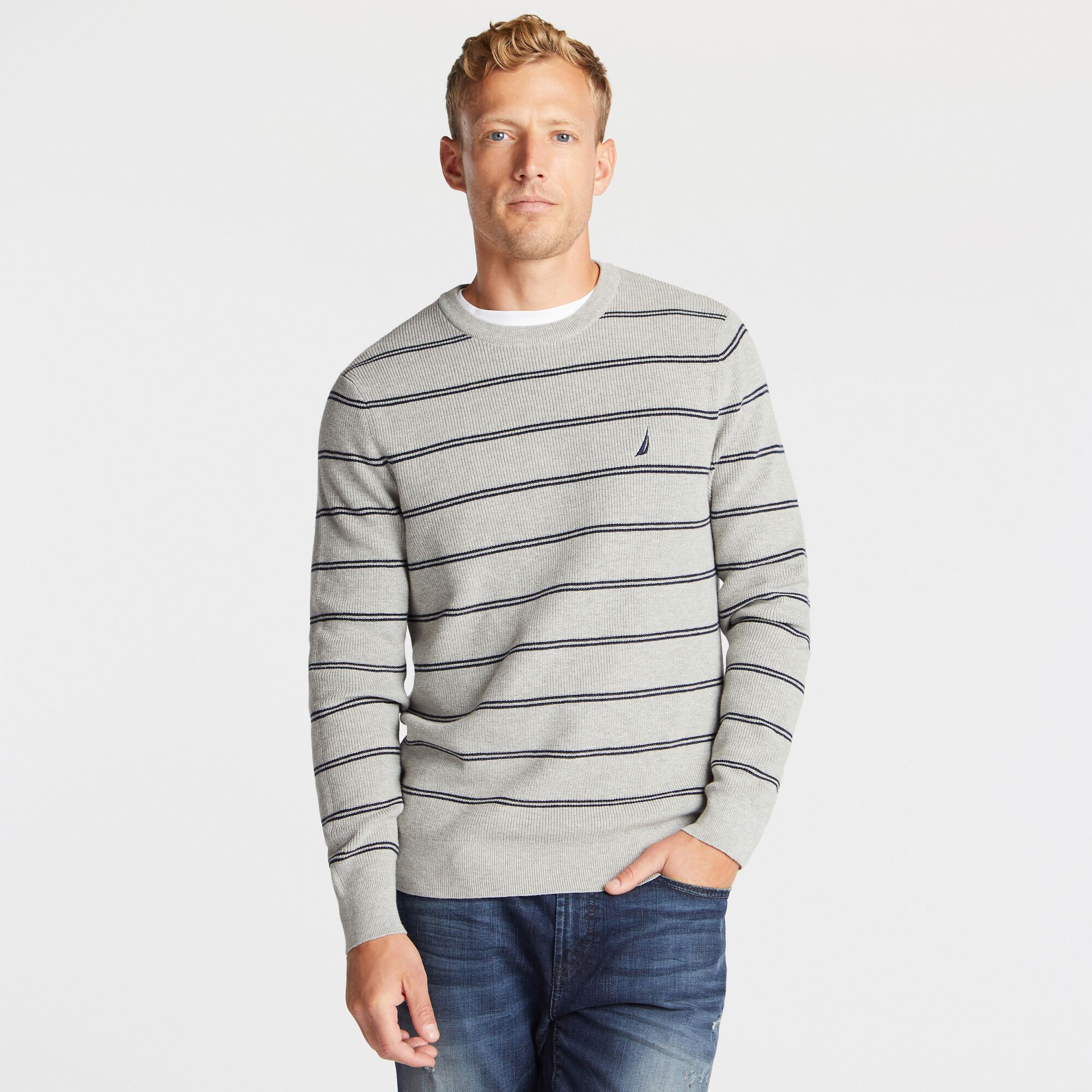 NAVTECH STRIPED CREWNECK SWEATER,Grey Heather,large