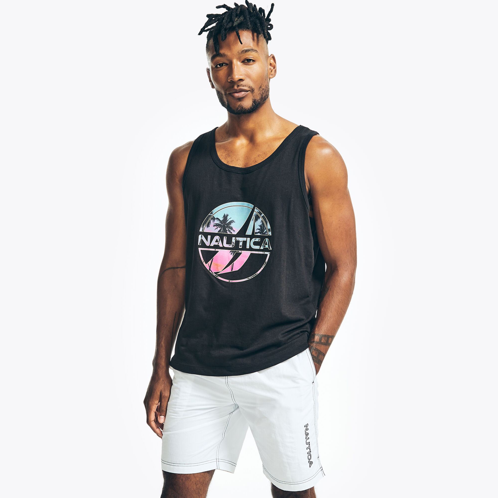 SUSTAINABLY CRAFTED PALM TREES GRAPHIC TANK,True Black,large