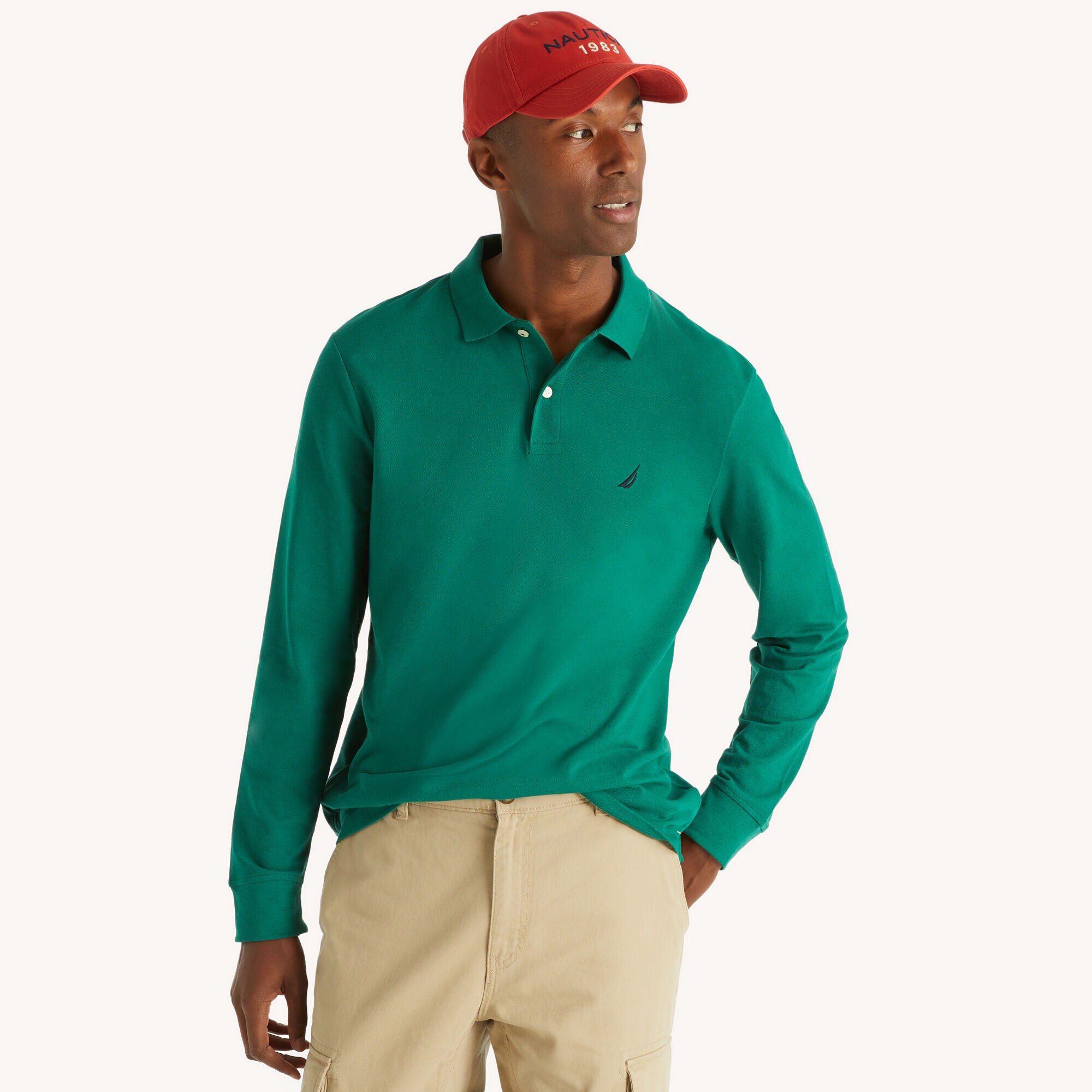 Classic Fit Long Sleeve Deck Polo,Nile,large