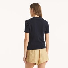 Wave Stitch Short-Sleeve Sweater,Navy,large