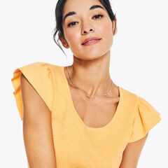 Smocked Flutter-Sleeve Top,Fire Orange,large