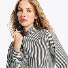 Striped Ruffle-Neck Shirt,Bright White,large