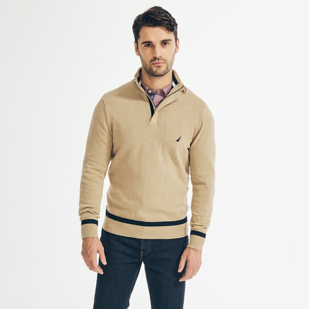 STRIPED-TRIM QUARTER-ZIP SWEATER,Dark Otter,large