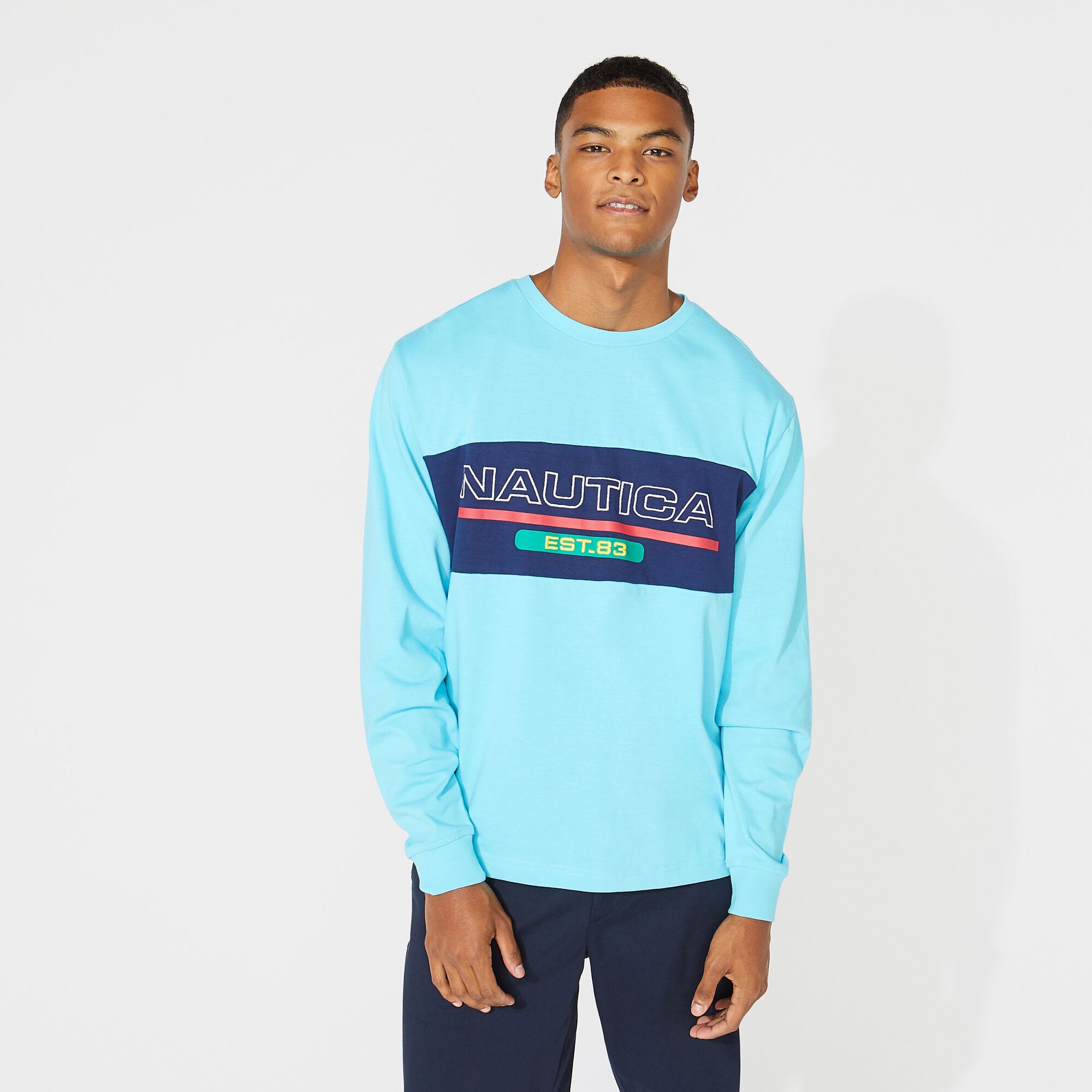 LOGO COLORBLOCK LONG SLEEVE T-SHIRT,Ballard Blue,large
