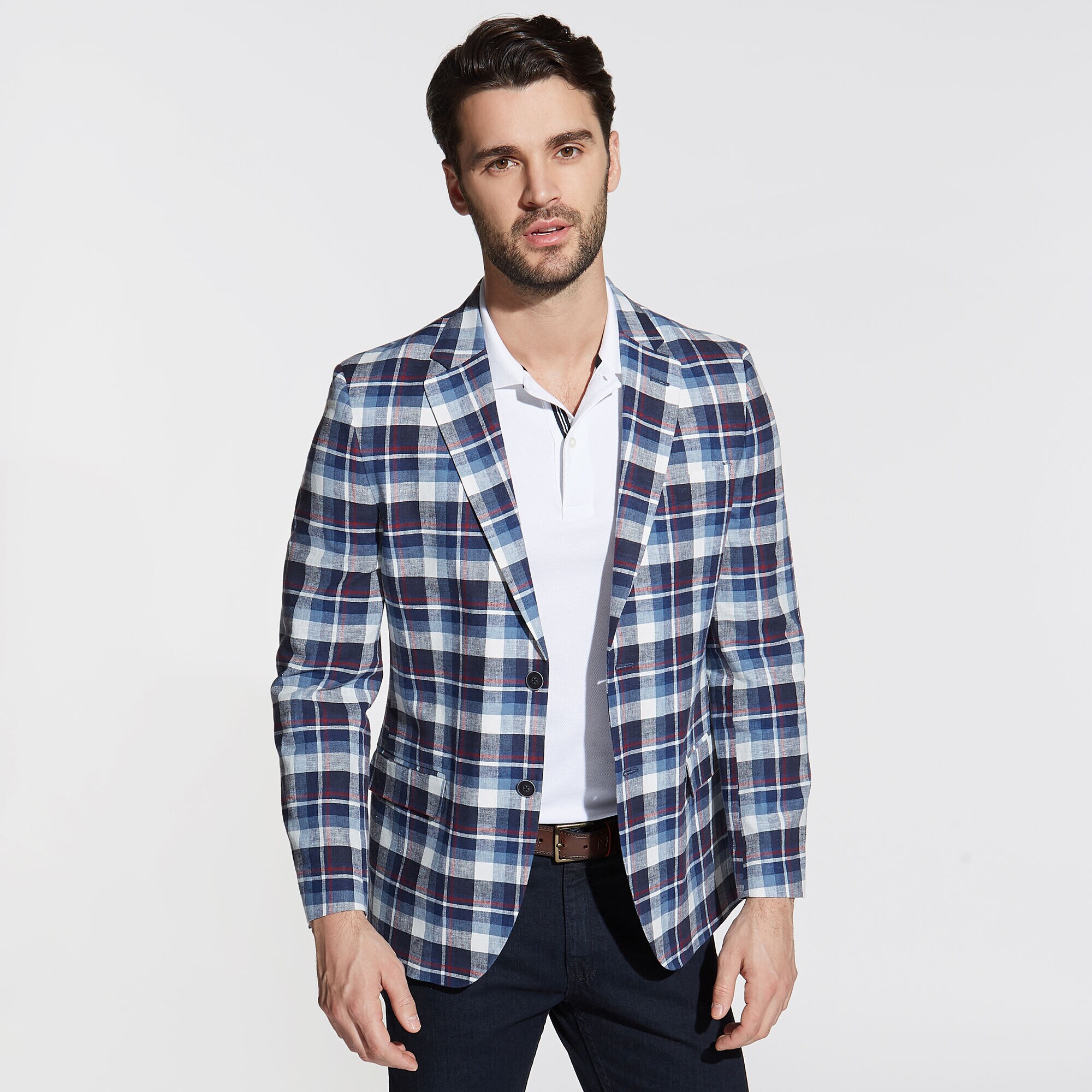 Brielle Linen Blend Jacket in Multicolor Plaid,Workshirt Blue,large