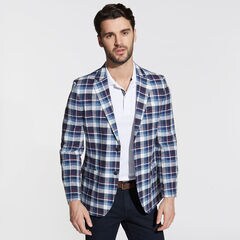 Brielle Linen Blend Jacket in Multicolor Plaid,Workshirt Blue,large