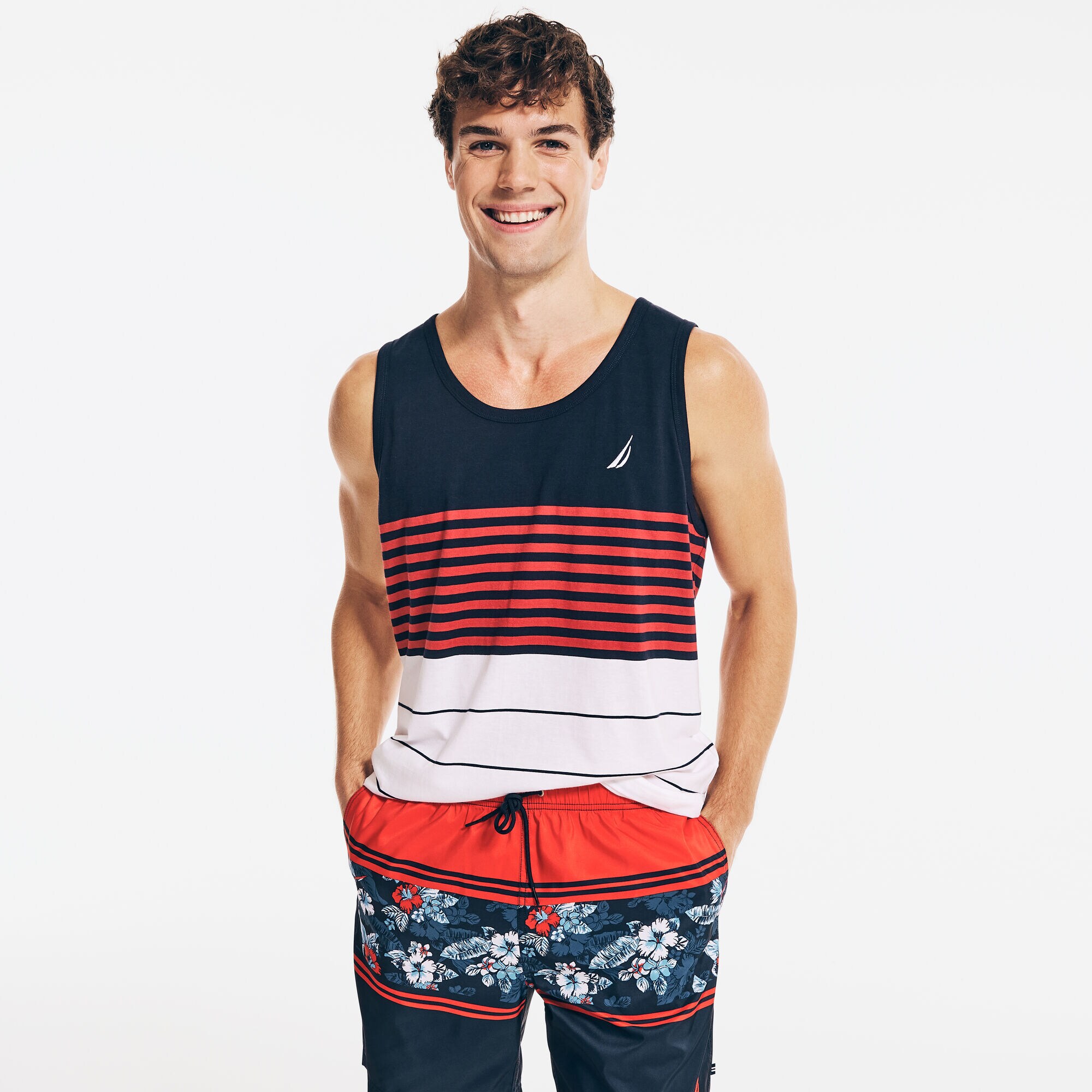 STRIPED LOGO TANK,Navy,large