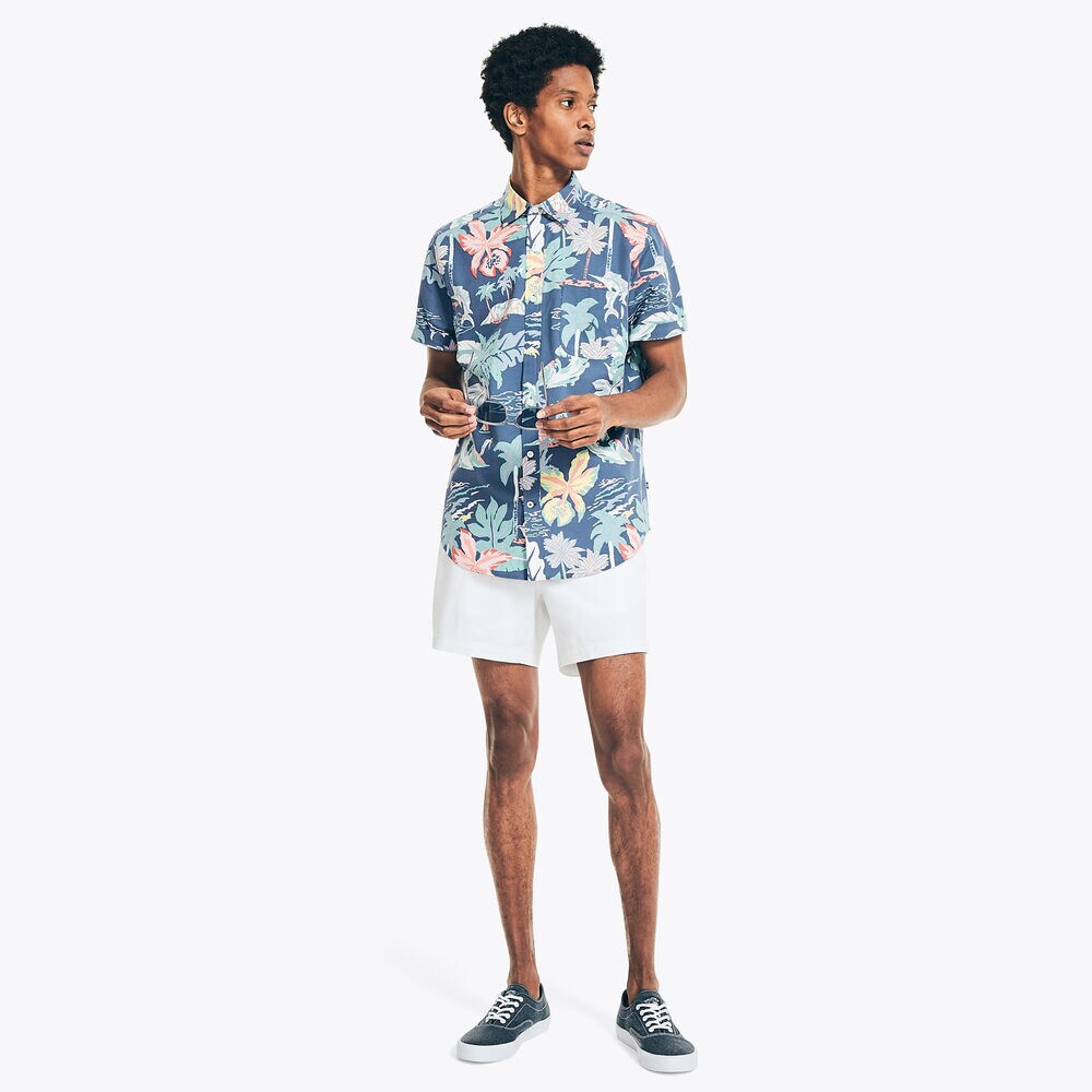 PALM AND FISH PRINT SHORT-SLEEVE SHIRT,Delphinium Blue,large