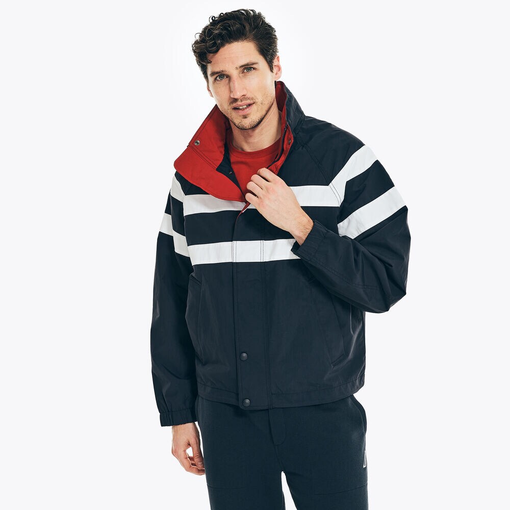 STRIPED RAINBREAKER BOMBER JACKET,Navy,large