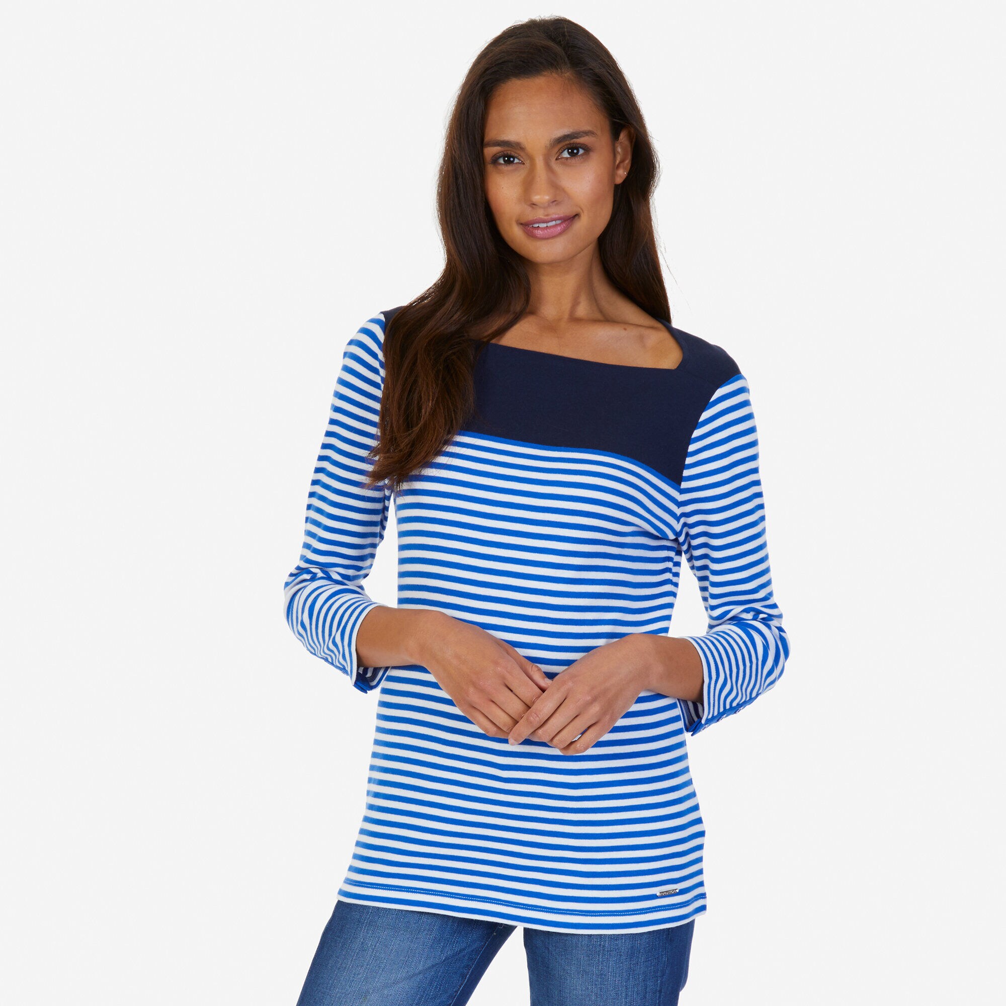 Breton Stripe Color Block Top,Stellar Blue Heather,large