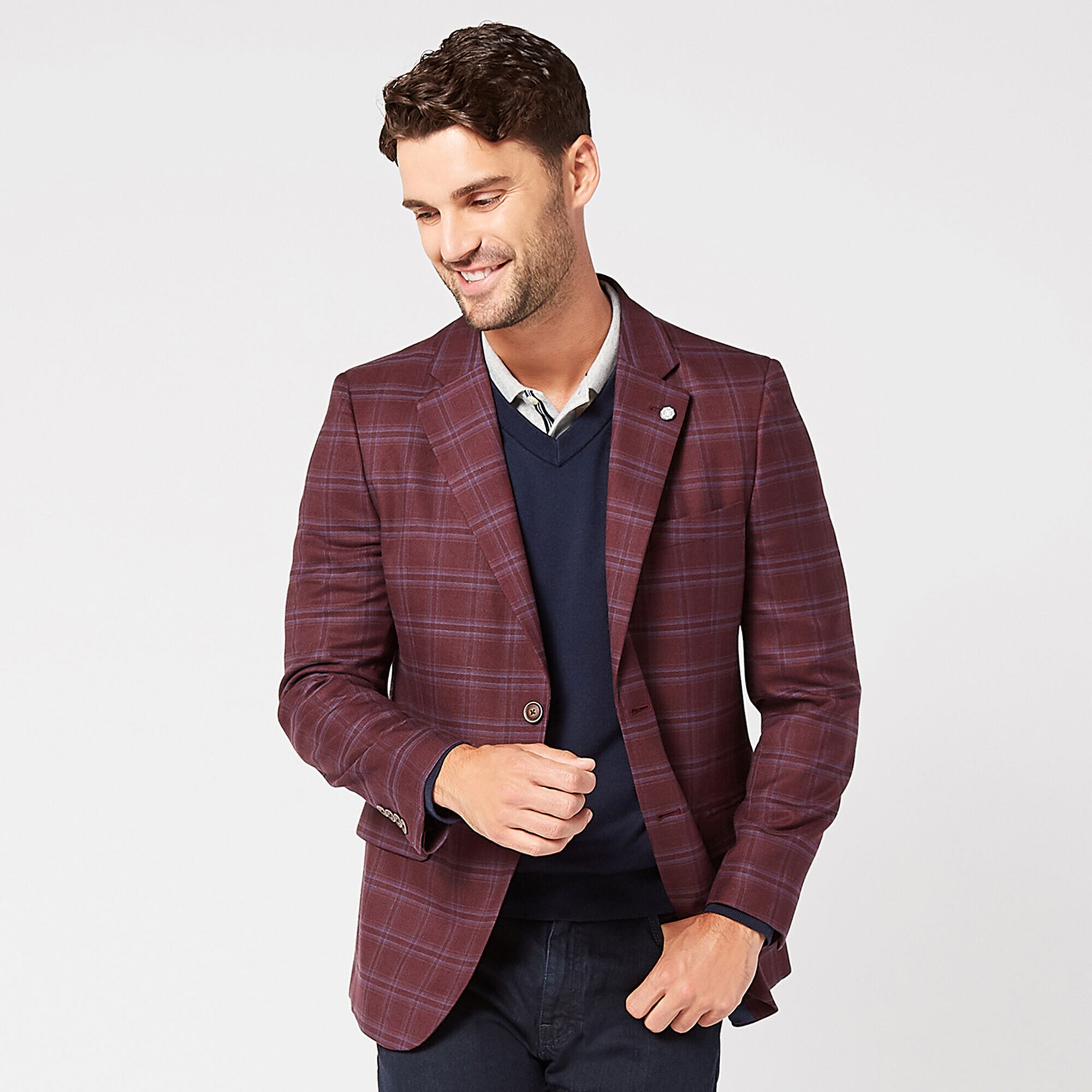 STRETCH PLAID JACKET IN BURGUNDY,Melonberry,large