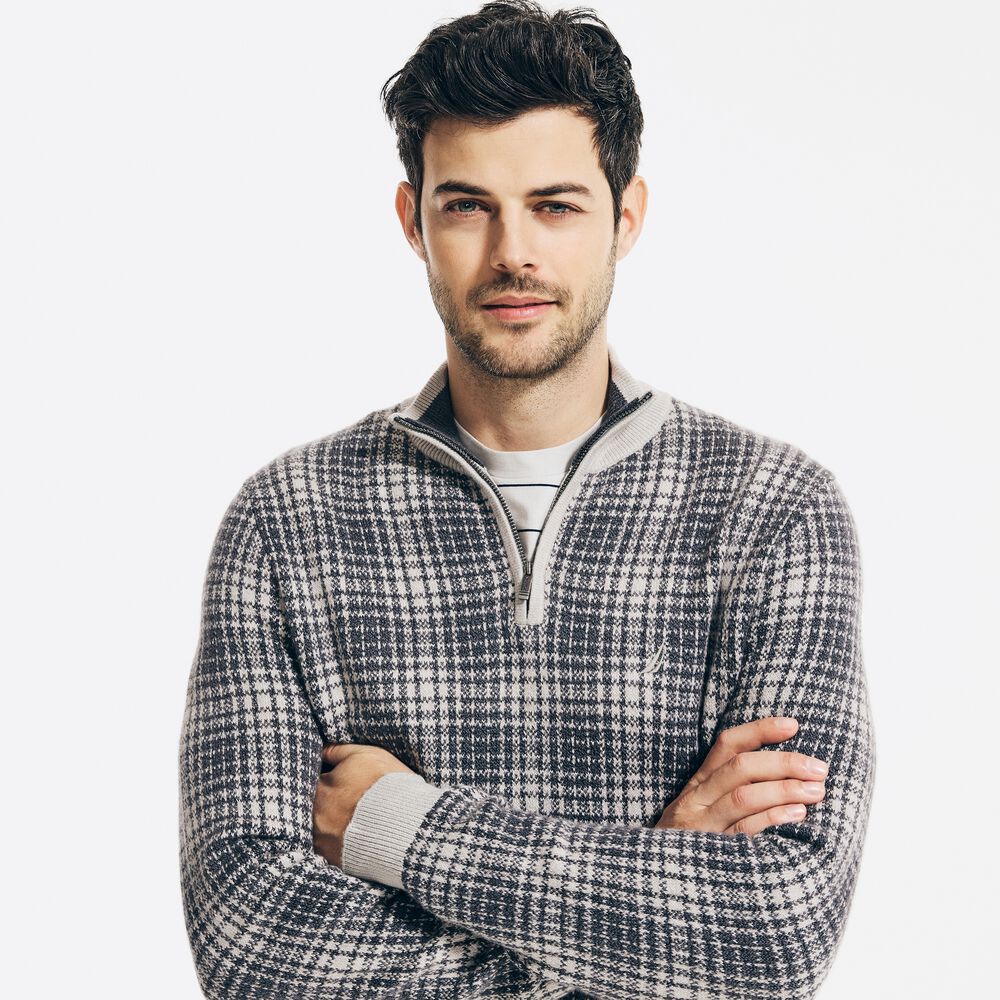 SUSTAINABLY CRAFTED PLAID QUARTER-ZIP SWEATER,Cliff Grey,large