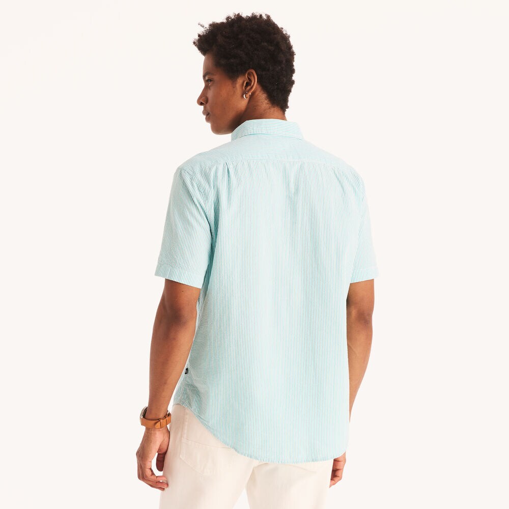 Seersucker Striped Short-Sleeve Shirt,Light Olive,large