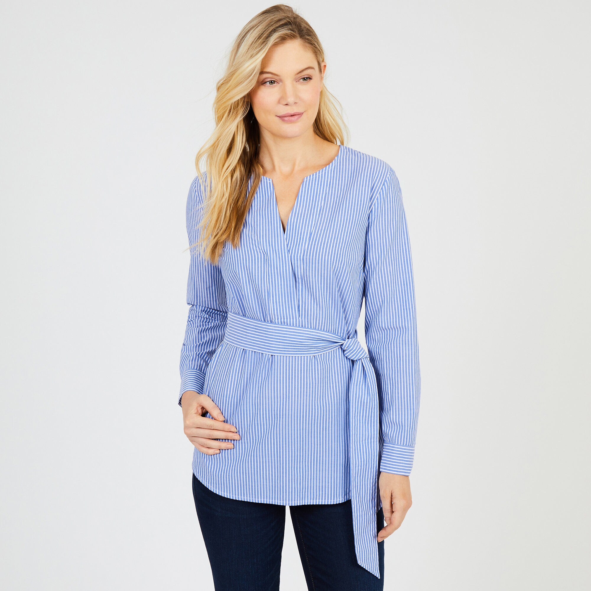 Striped Self-Belt Tunic,Bright White,large
