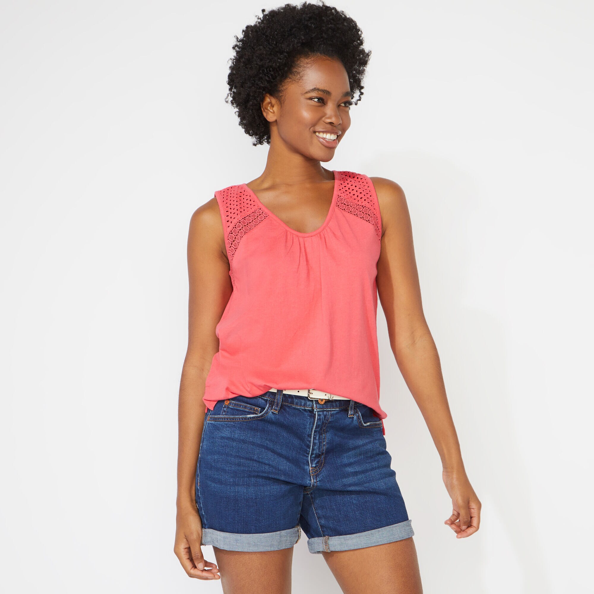 EYELET MIXED MEDIA TANK TOP,Persian Red,large