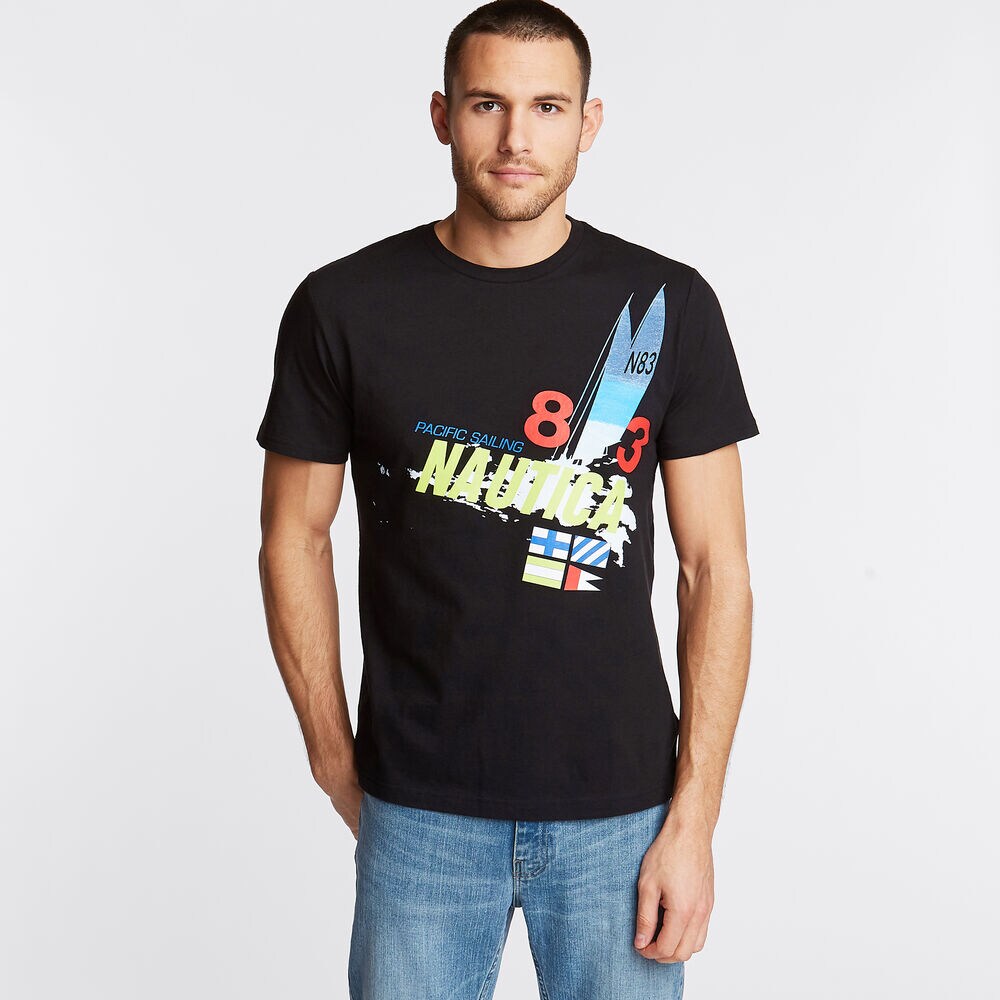 Classic Fit Crewneck T-Shirt in Pacific Sailing Graphic,True Black,large