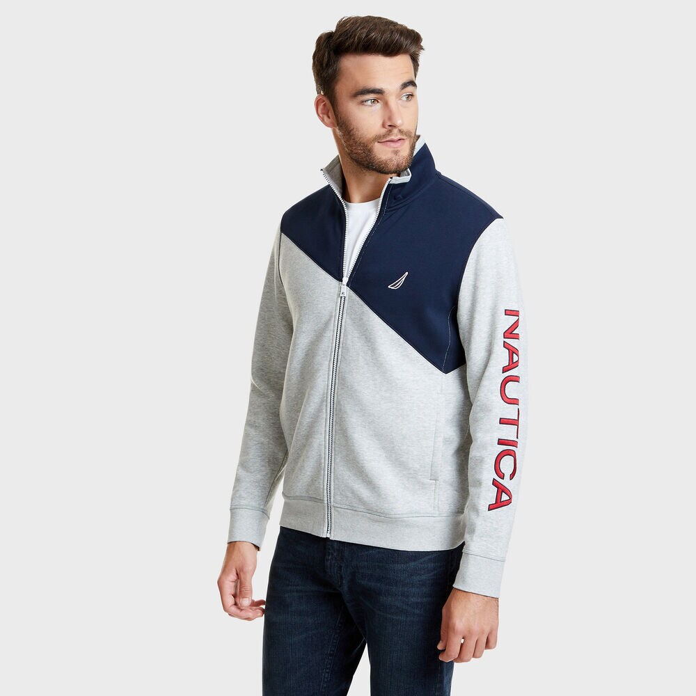 Colorblock Logo Full-Zip Fleece Jacket,Grey Heather,large