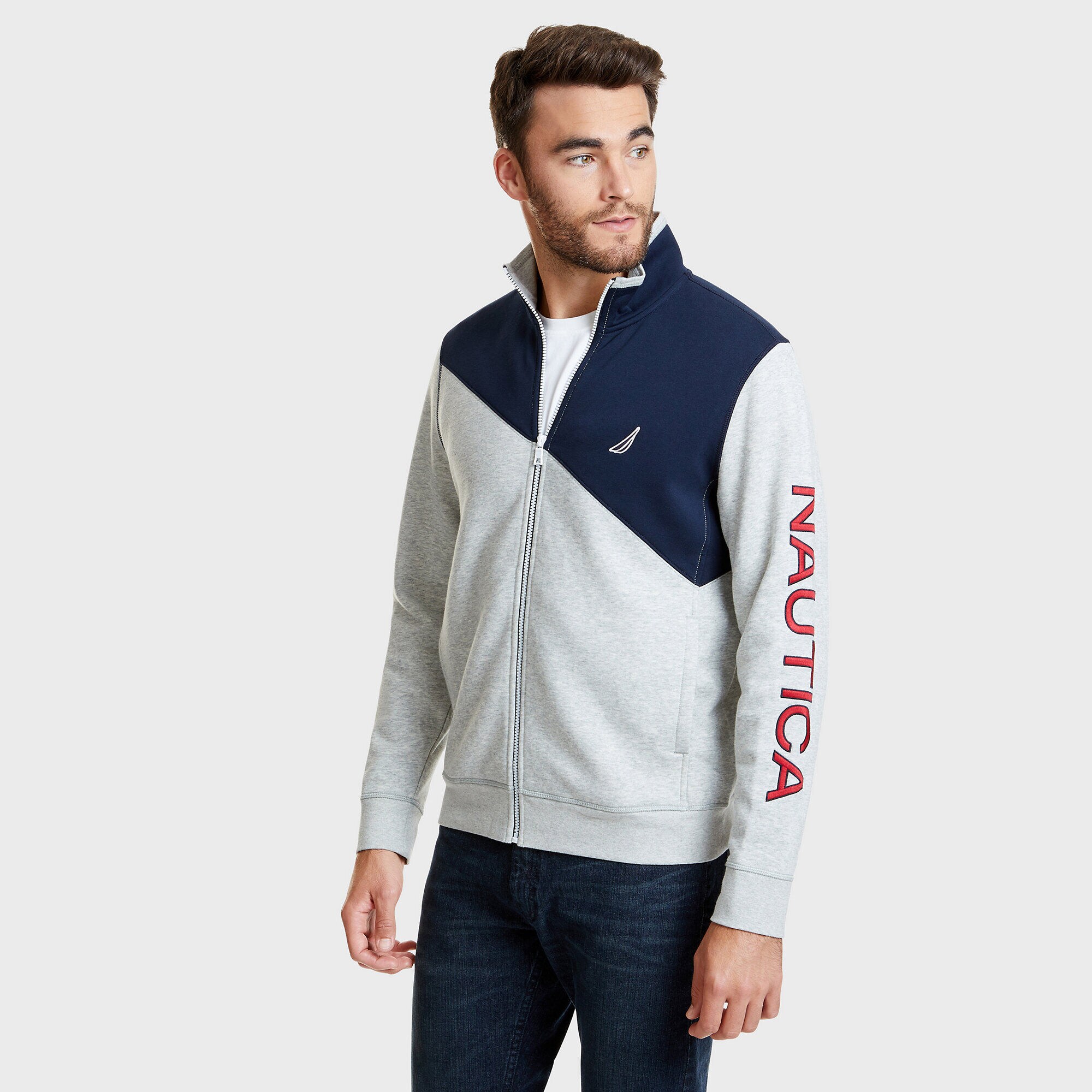 Colorblock Logo Full-Zip Fleece Jacket,Grey Heather,large