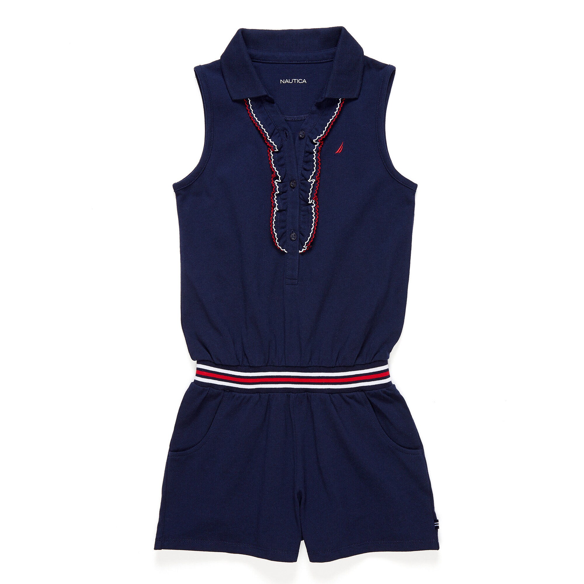 Little Girls' Polo Waist Stripe Romper (4-6X),Navy,large
