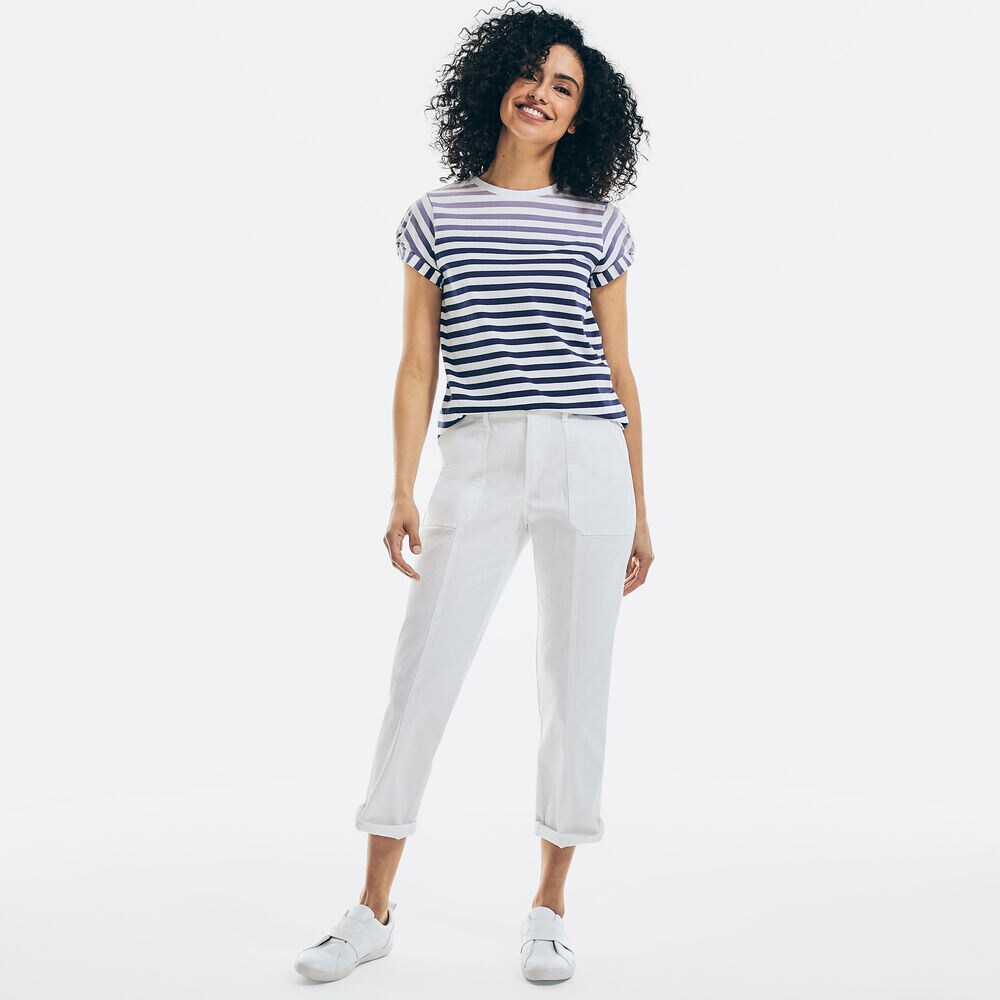 STRIPED TWIST-SLEEVE TOP,Sail White,large
