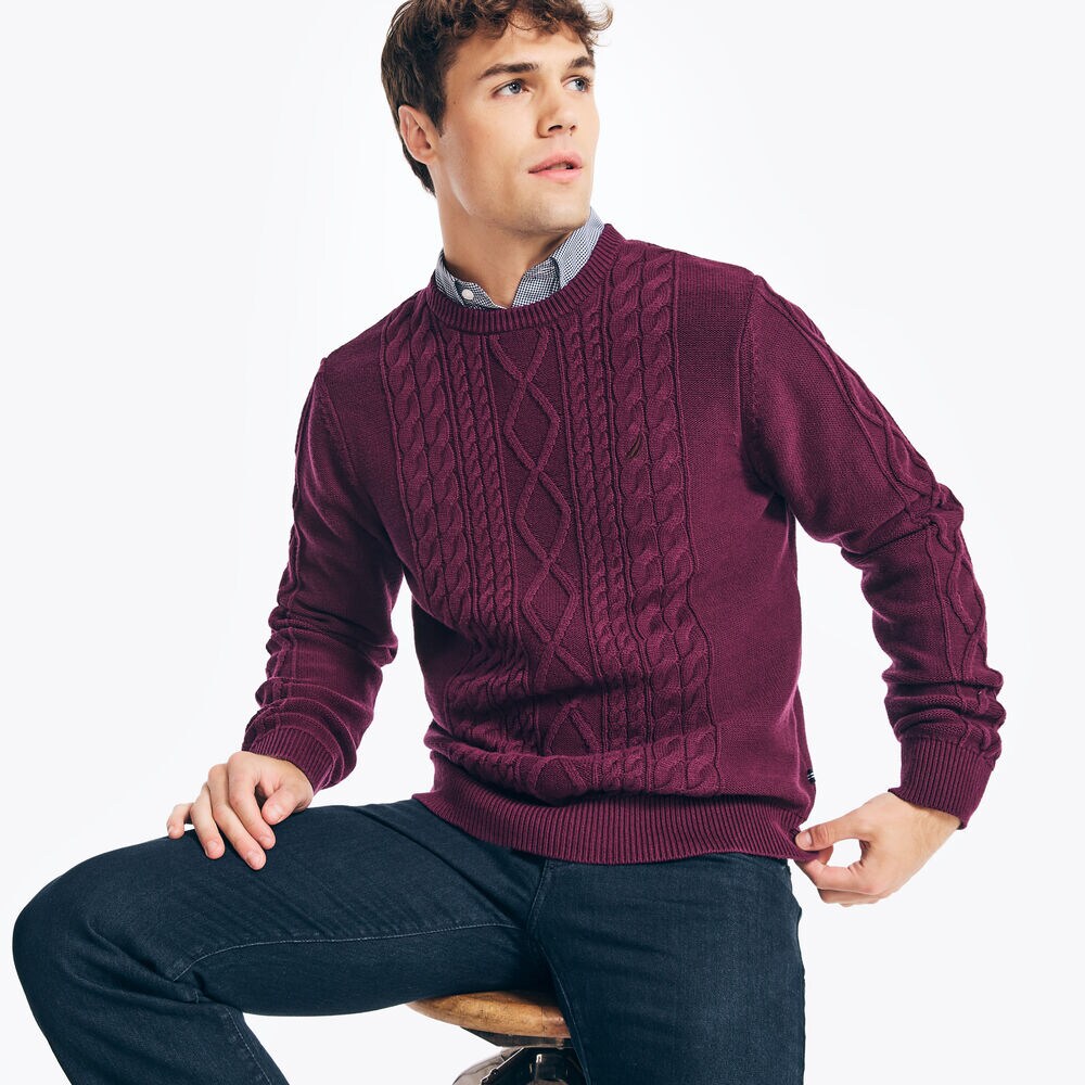 CABLE-KNIT CREWNECK SWEATER,Glory Red,large