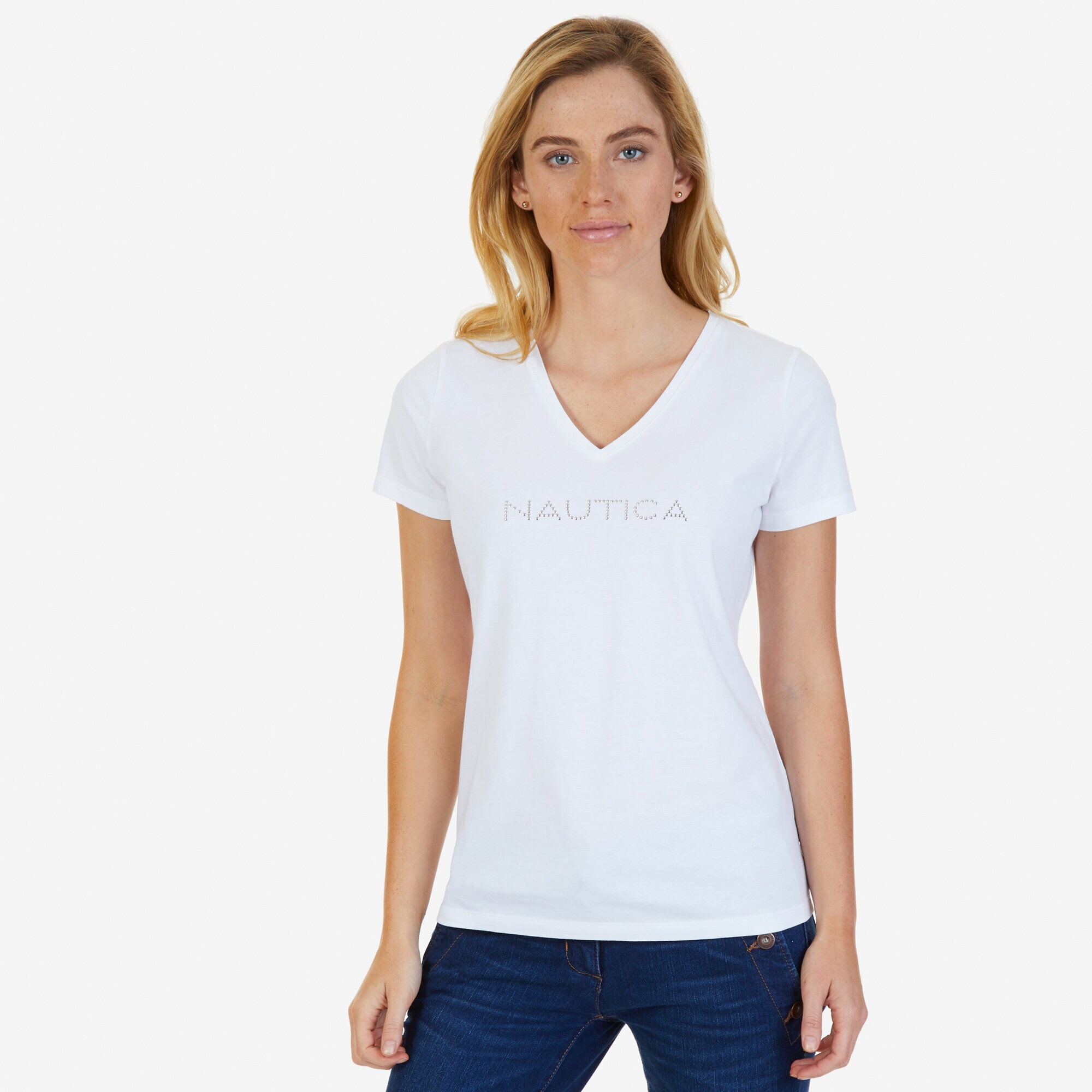 Studded V-Neck T-Shirt,Bright White,large