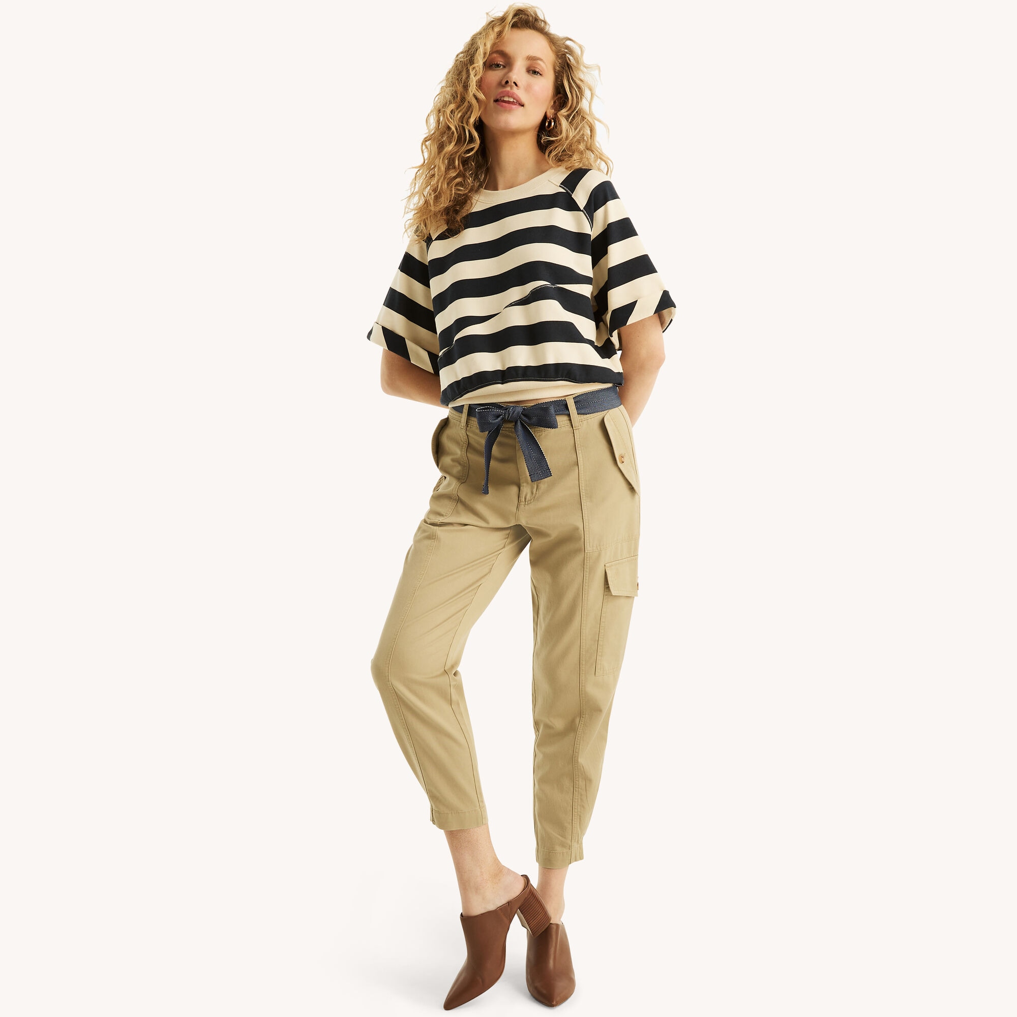 Striped Short-Sleeve Top,Navy,large
