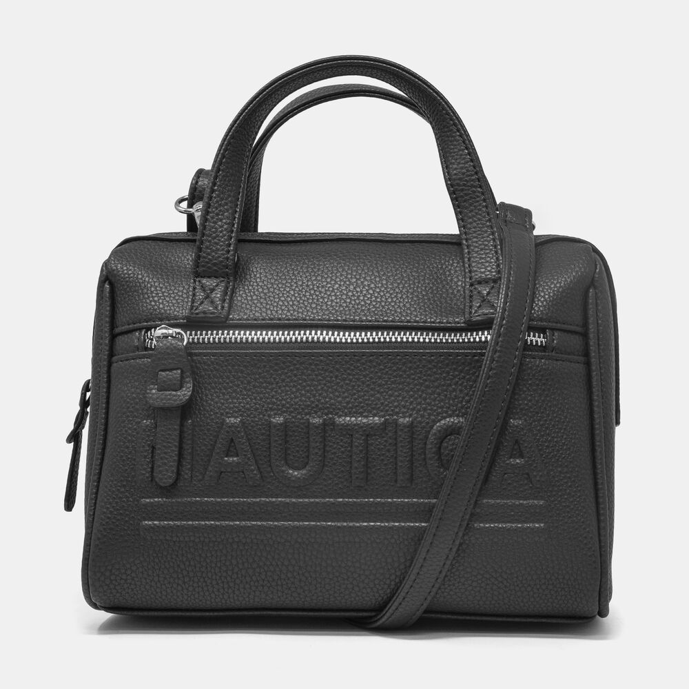 LOGO-EMBOSSED PEBBLED SATCHEL,True Black,large