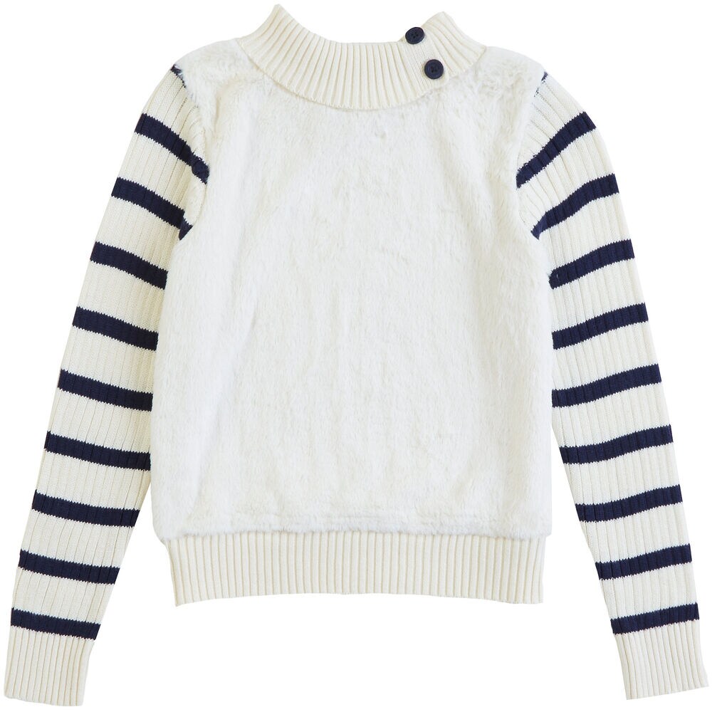  Girls' Faux Fur Stripe Sleeve Sweater (8-16),Cream,large