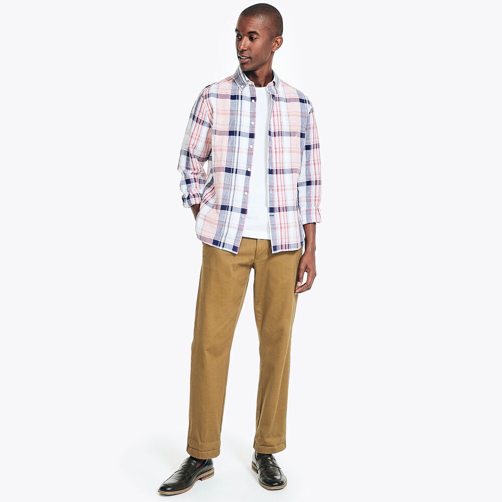 CLASSIC FIT PLAID LINEN SHIRT,Pomegranate,large