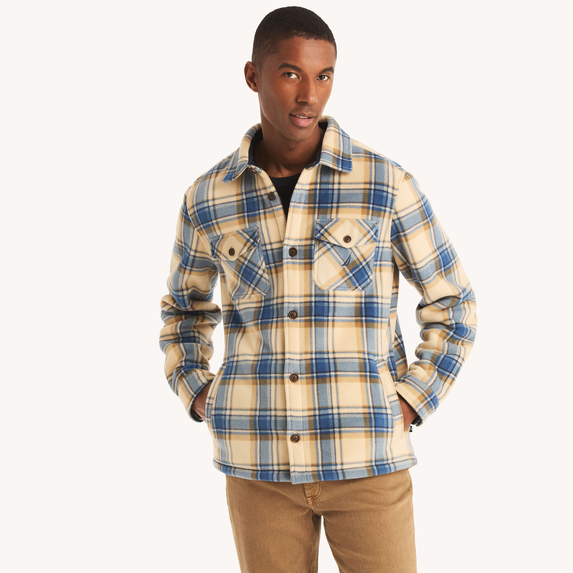 Plaid Faux Shearling Button-Up Shirt,Khaki Tent,large