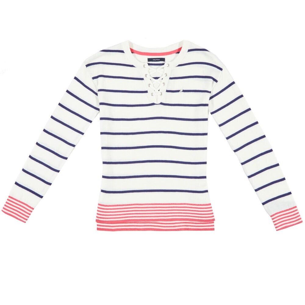 Little Girls' Lace Up Stripe Sweater (4-7),Bright White,large