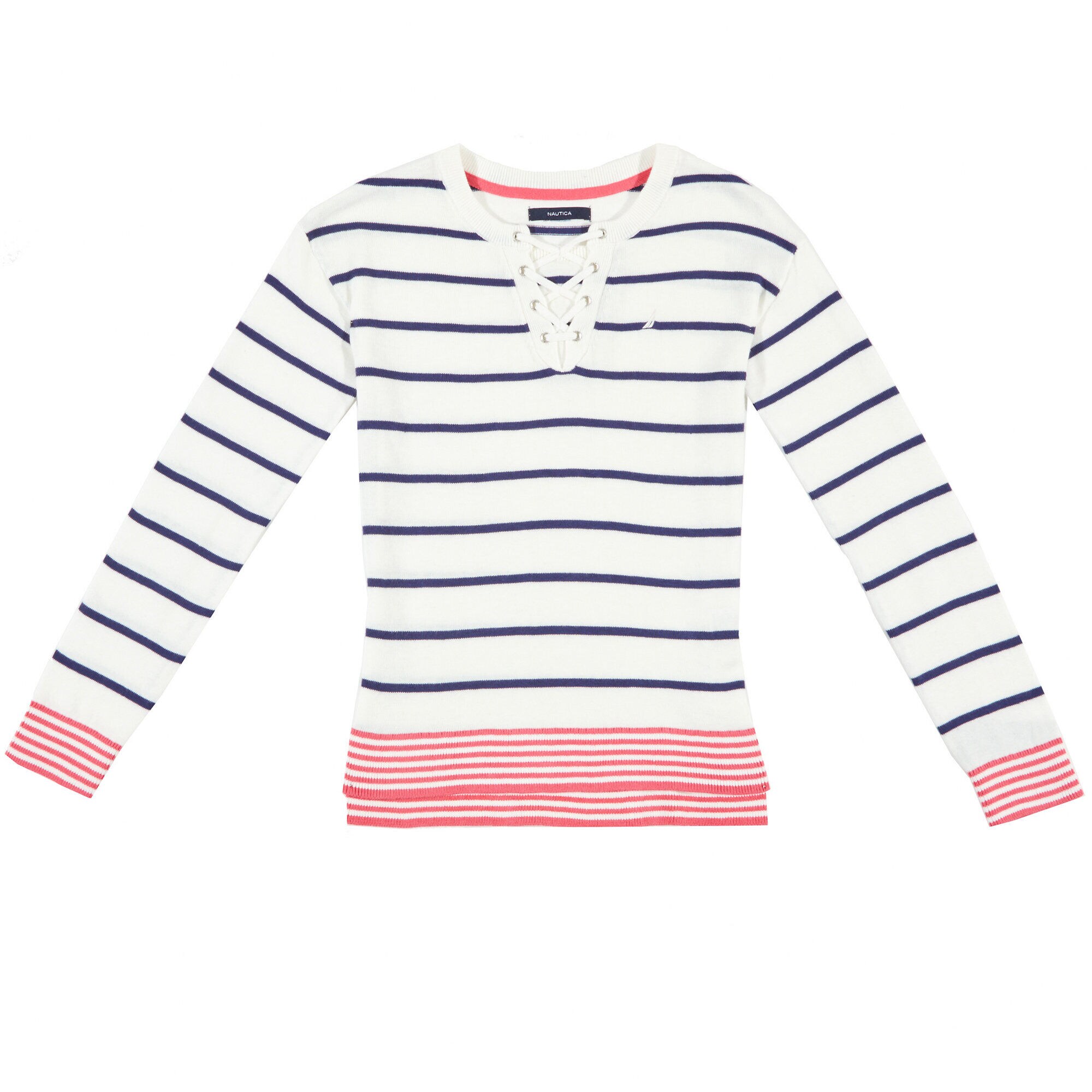 Little Girls' Lace Up Stripe Sweater (4-7),Bright White,large