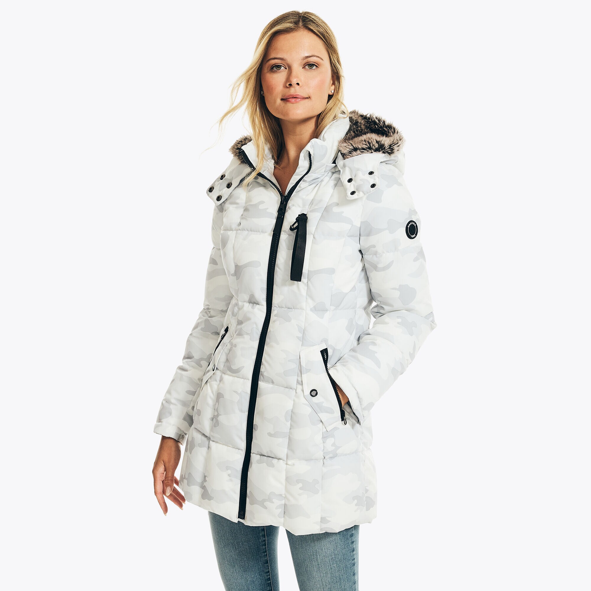 FAUX-FUR TRIMMED CAMOUFLAGE PARKA WITH REMOVABLE HOOD,Bright White,large
