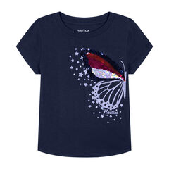 Girls' Left Butterfly T-Shirt (7-16),Navy,large
