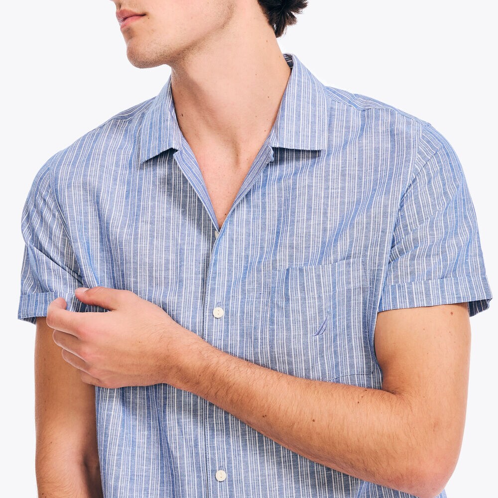 Striped Linen Short-Sleeve Shirt,Clear Sky Blue,large