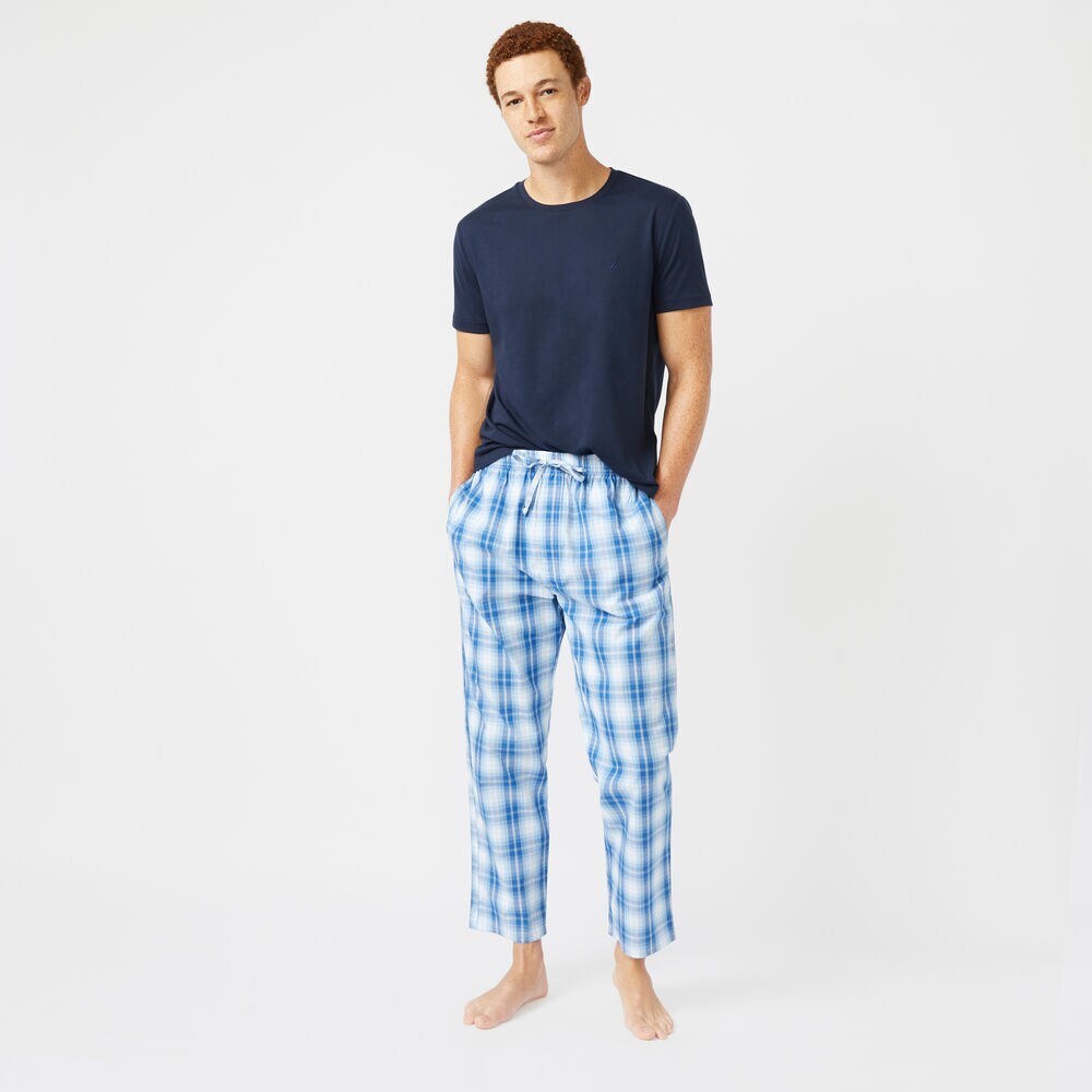 CLASSIC FIT SHORT SLEEVE PLAID PANT PAJAMA SET,Navy,large
