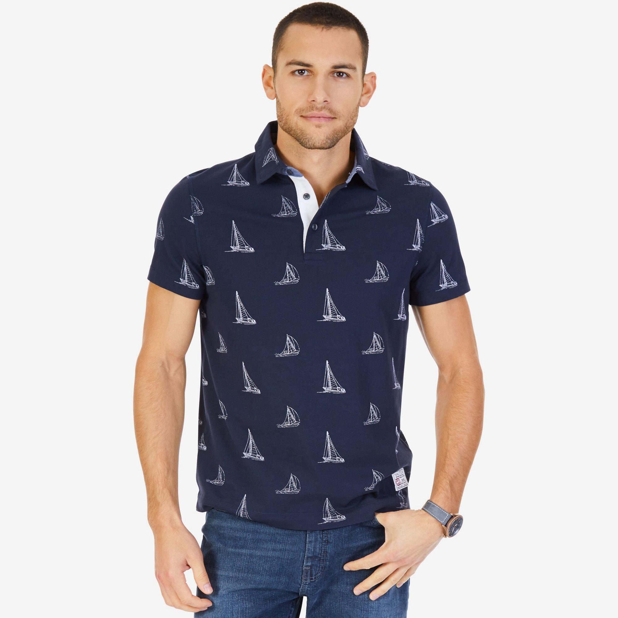 Slim Fit Polo Shirt with Allover Sailing Print,True Navy,large