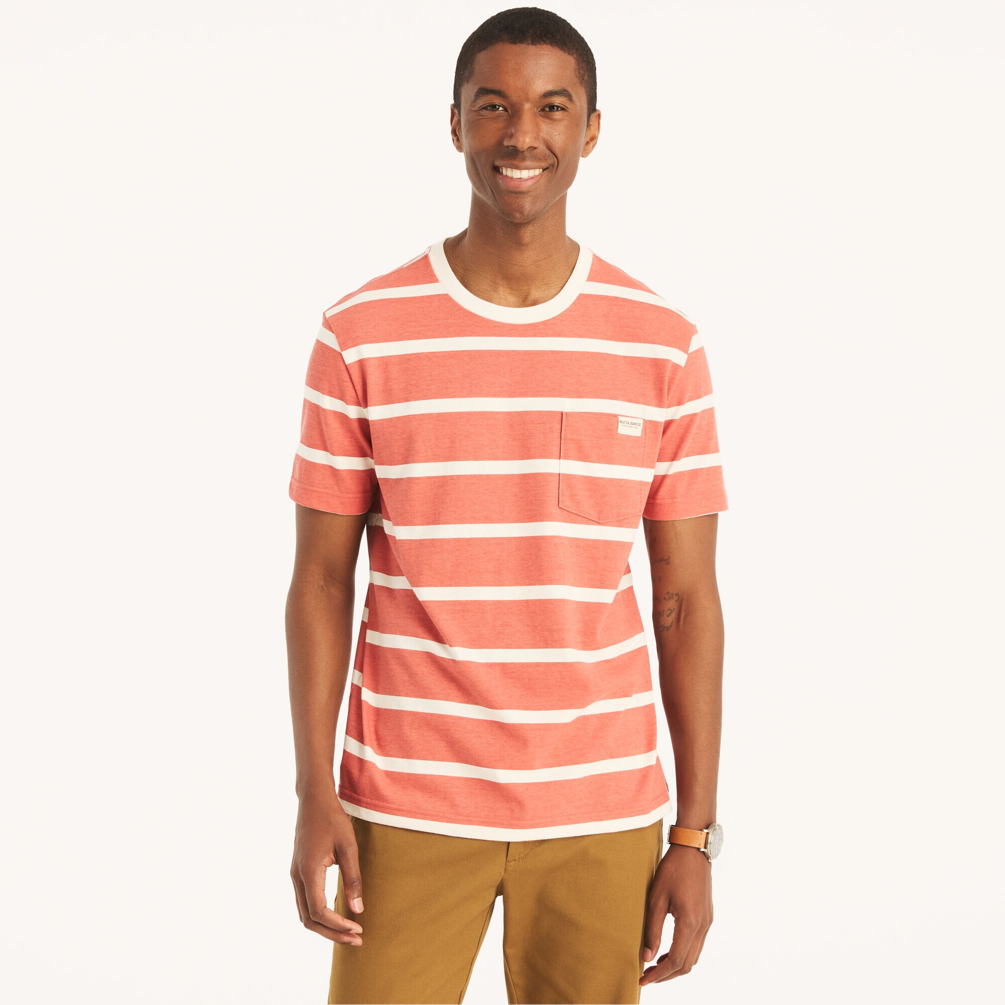 Nautica Jeans Co. Striped T-Shirt,Mineral Red,large