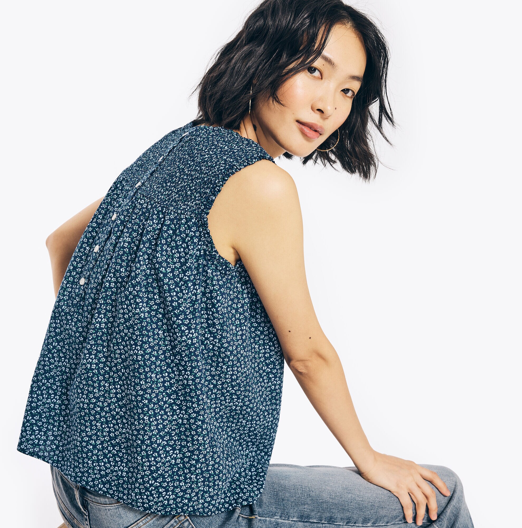 SUSTAINABLY CRAFTED PRINTED SMOCKED TANK TOP,Blue Depths,large