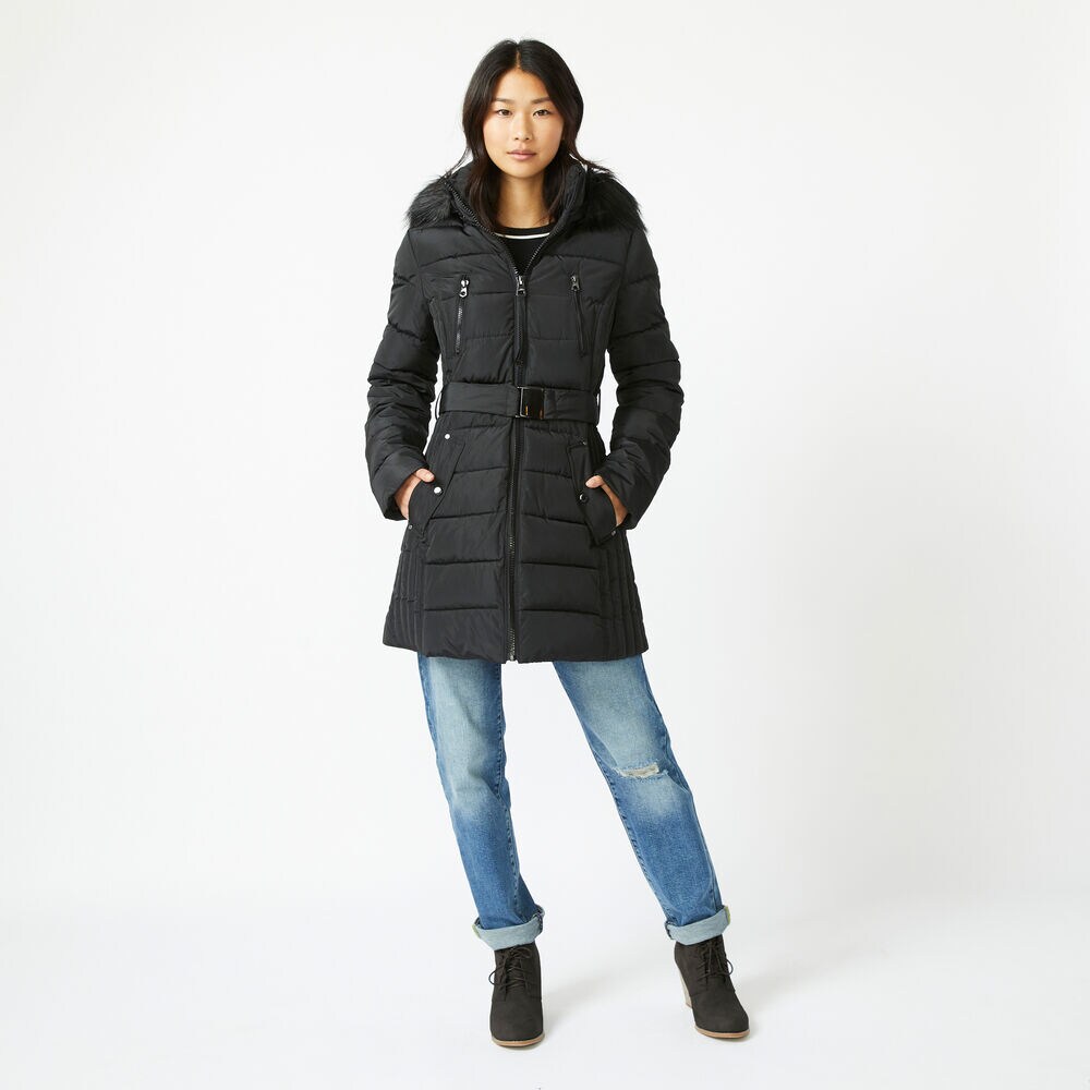 FAUX FUR TRIM HOODED BELTED PUFFER COAT,True Black,large