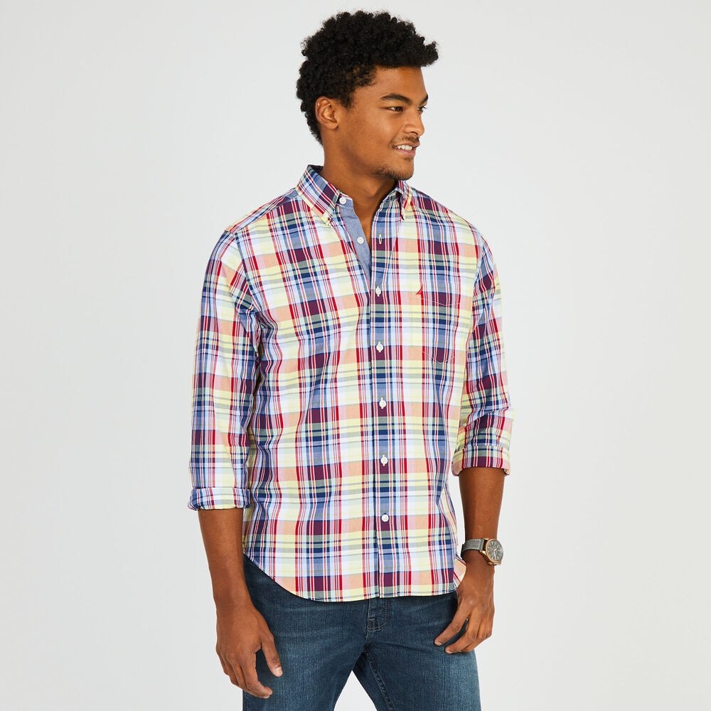 Madras Plaid Long Sleeve Button-Down Shirt,Nautica Red,large