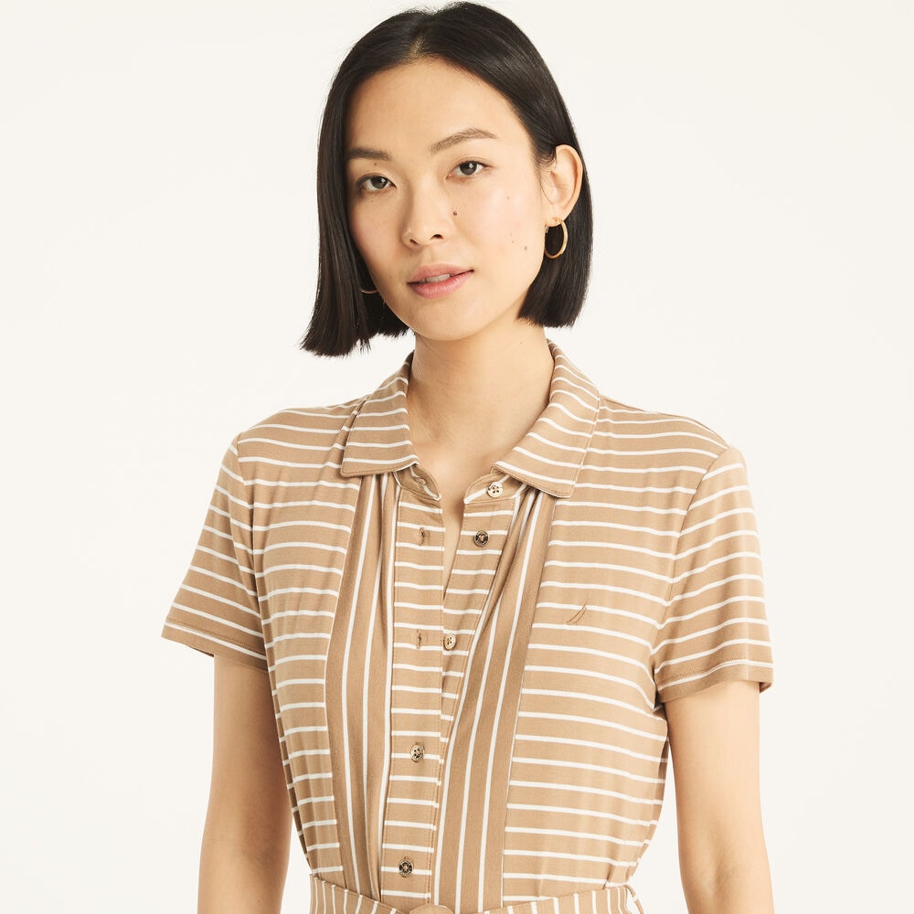 Striped Button-Front Dress,Coastal Tan,large