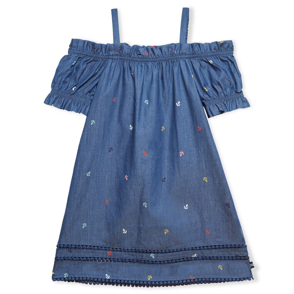 LITTLE GIRLS' OFF SHOULDER CHAMBRAY ANCHOR PRINT DRESS (4-7),Ocean Blue,large