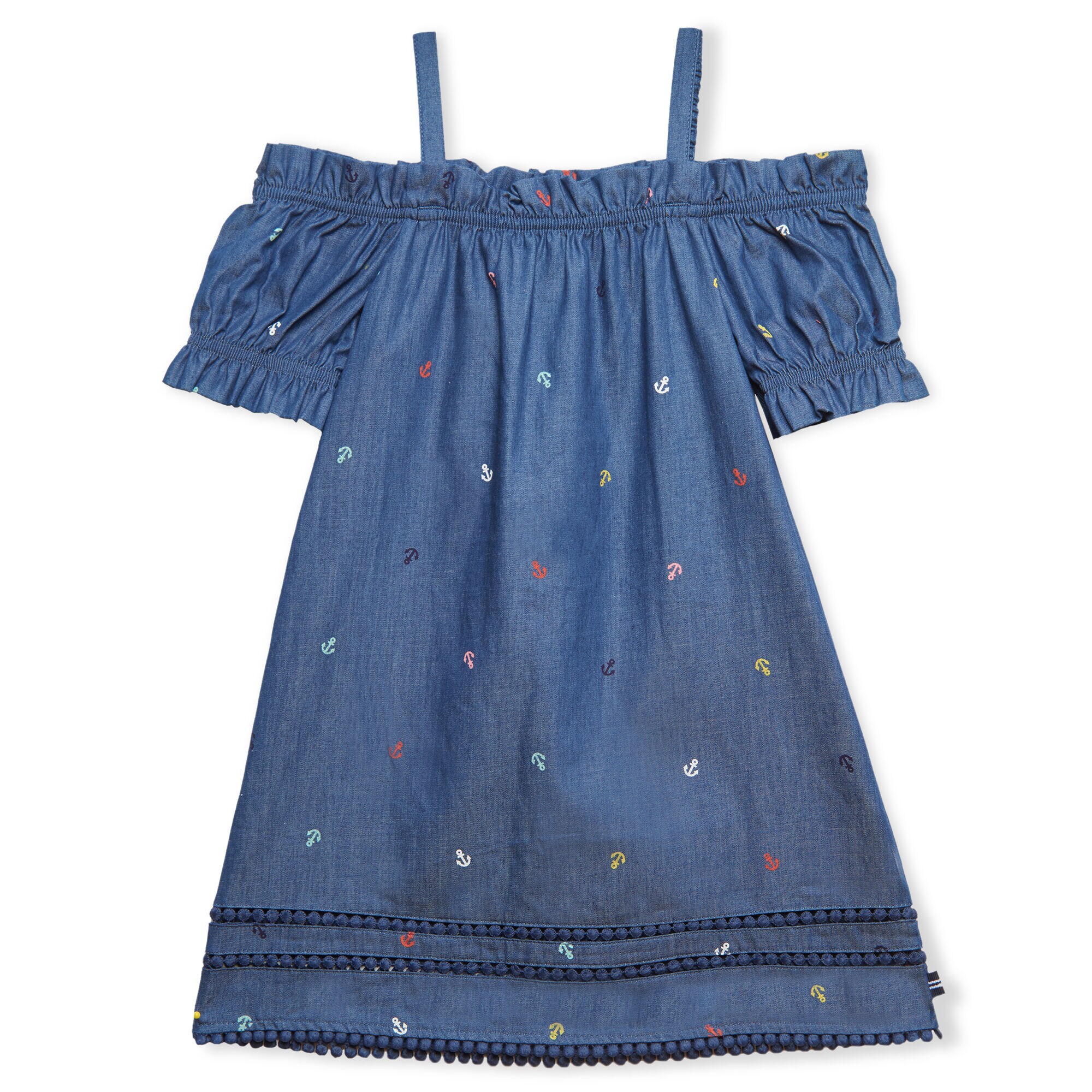 LITTLE GIRLS' OFF SHOULDER CHAMBRAY ANCHOR PRINT DRESS (4-7),Ocean Blue,large