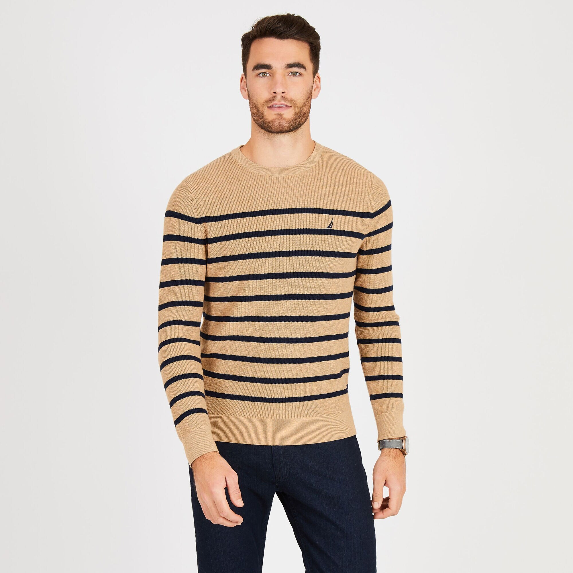 Navtech Breton Stripe Crewneck Sweater,Camel Heather,large