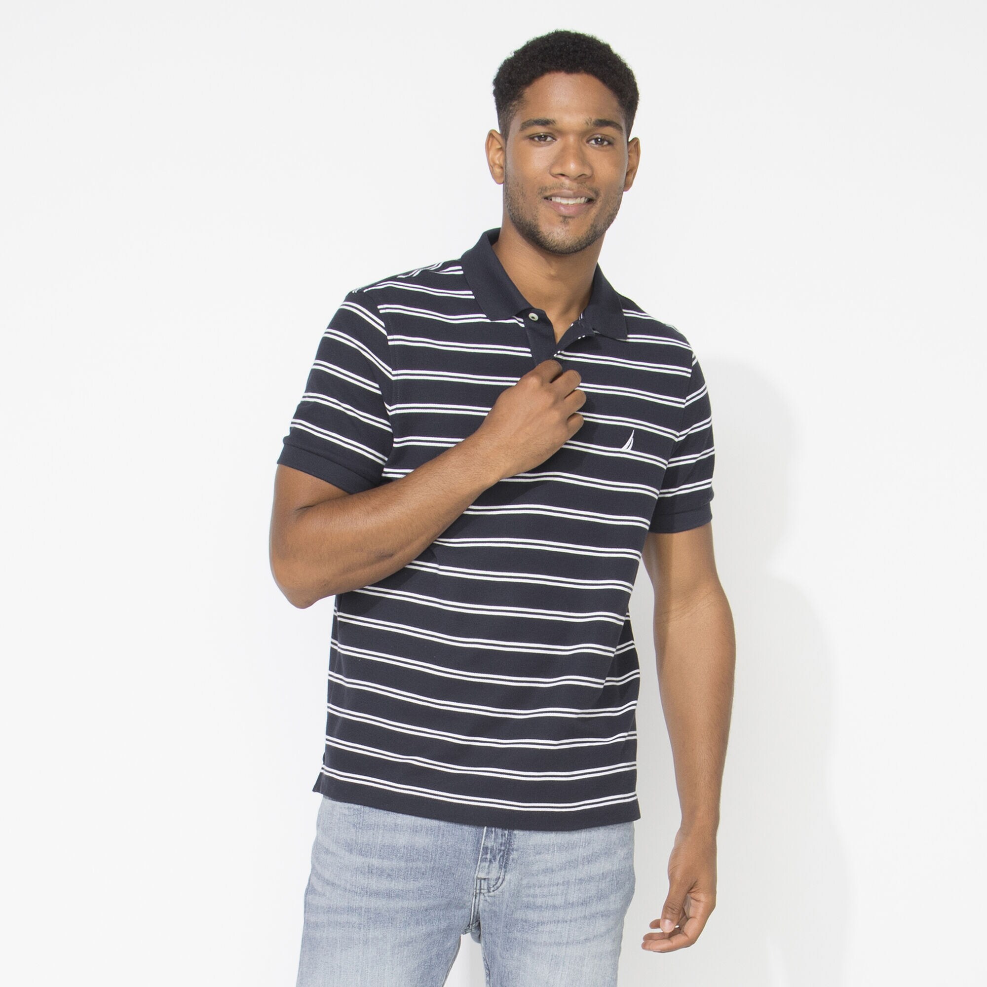 CLASSIC FIT STRIPED DECK POLO,Navy,large