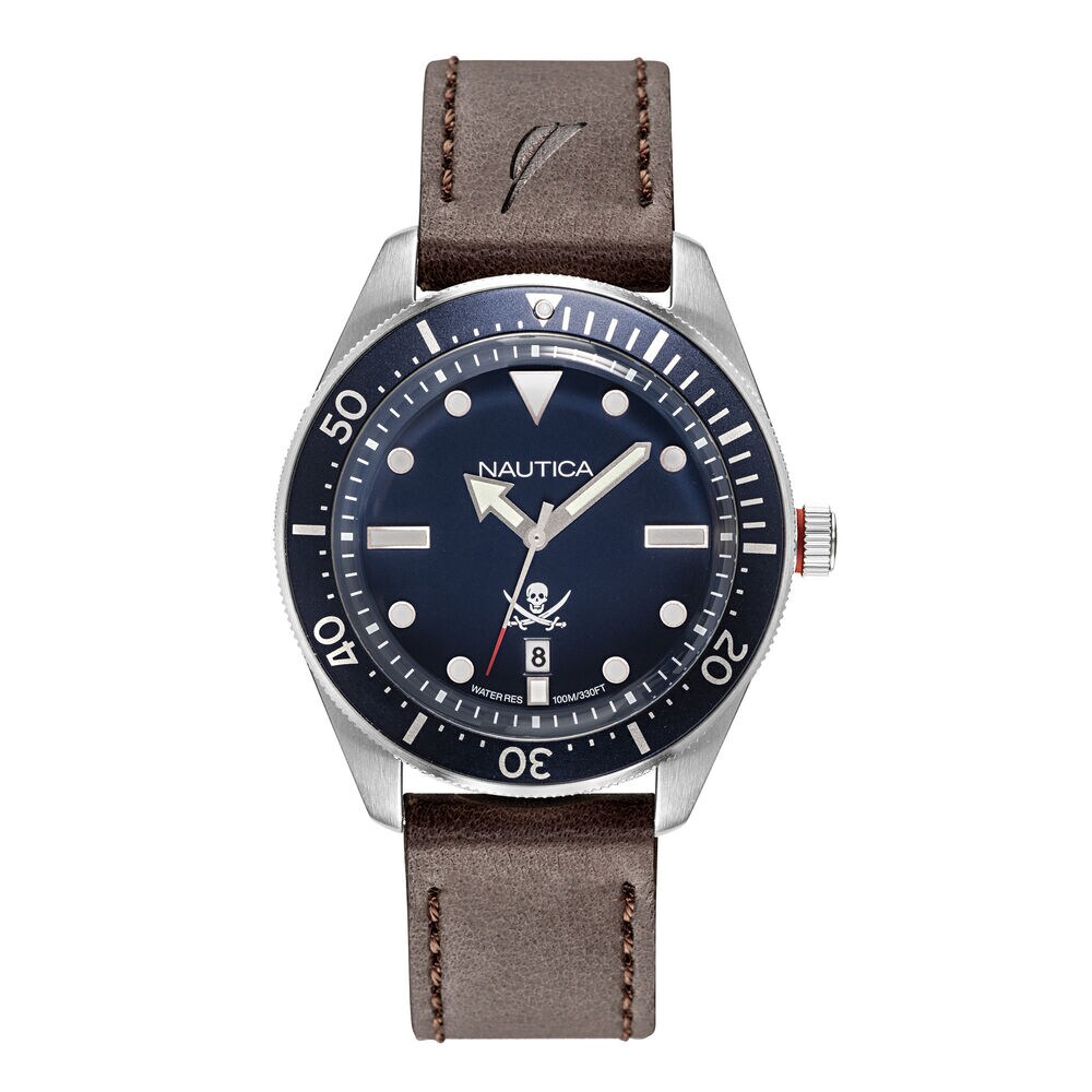 HILLCREST NAVY DIAL WATCH WITH LEATHER STRAP,Multi,large